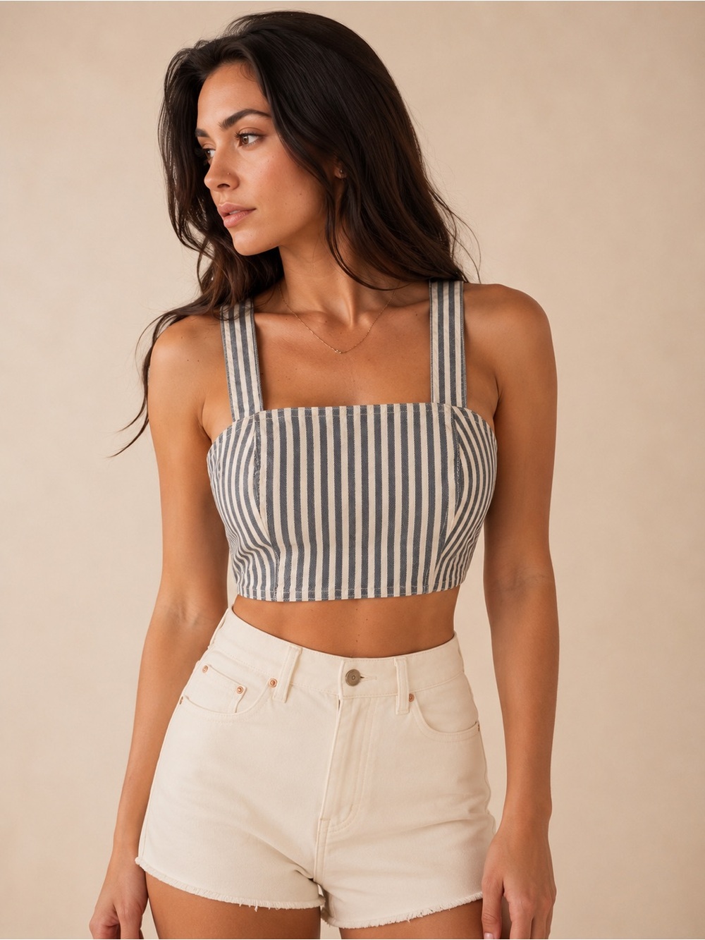 Zara Blue & White Denim Striped Bustier Crop Top / European Summer / Coastal - Picture 2 of 10